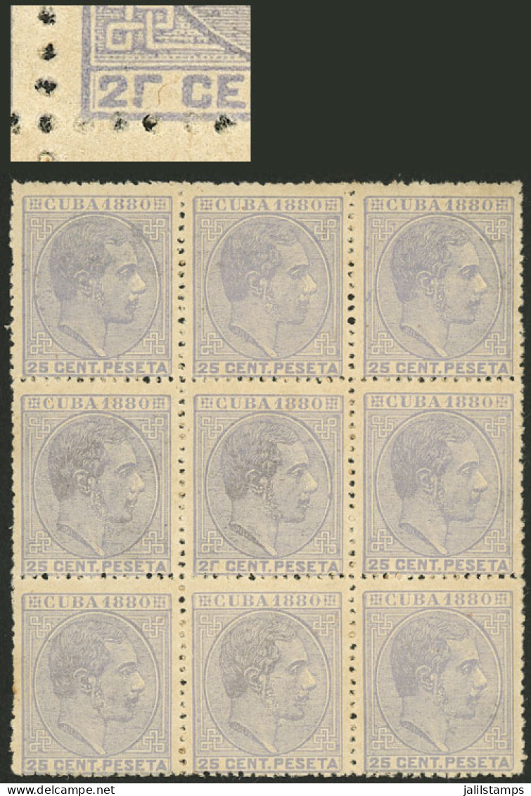 CUBA: Sc.91a, 1880 25c. Bluish Gray, Block Of 9, The Central Stamp With VARIETY: 5 Broken", MNH, VF Quality!" - Altri & Non Classificati
