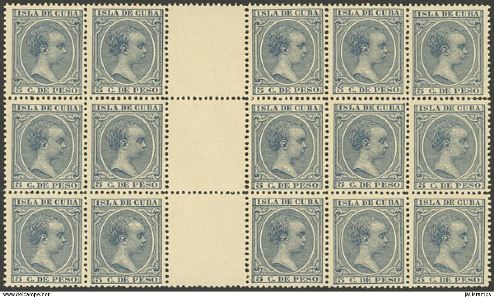 CUBA: Yvert 92, 1896 5c. Dark Blue, Block Of 15 With Gutter, MNH, VF Quality! - Other & Unclassified