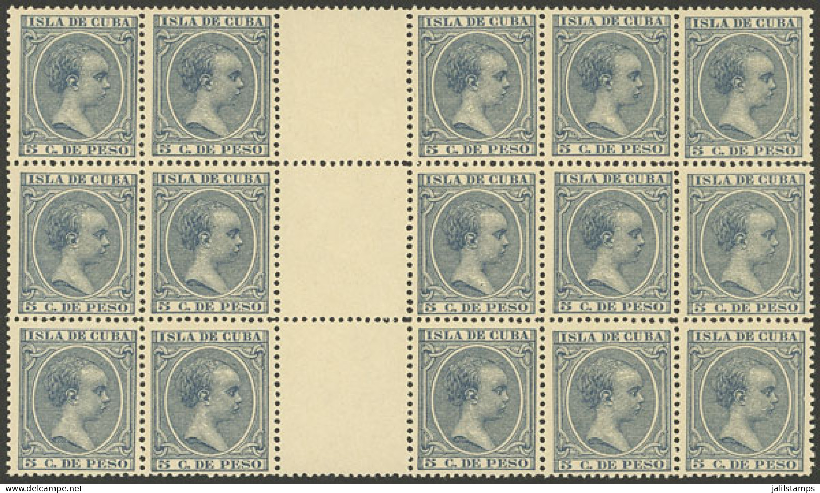 CUBA: Yvert 92, 1896 5c. Dark Blue, Block Of 15 With Gutter, MNH, VF Quality! - Sonstige & Ohne Zuordnung