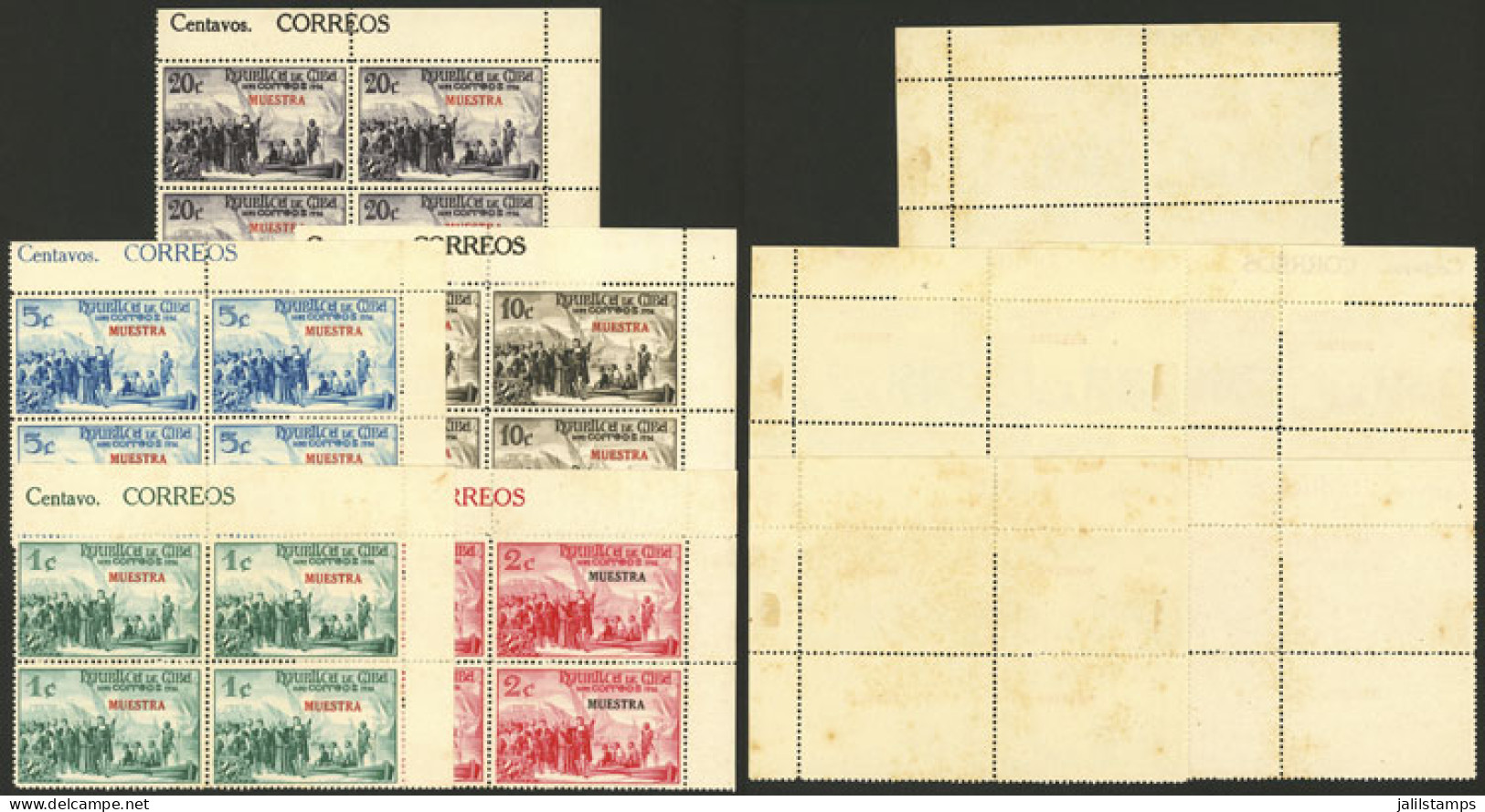 CUBA: 1936 Discovery Of America 444 Years, Unissued Set Of 5 Values, Corner Blocks Of 4 With MUESTRA Overprint, Mint Or  - Autres & Non Classés