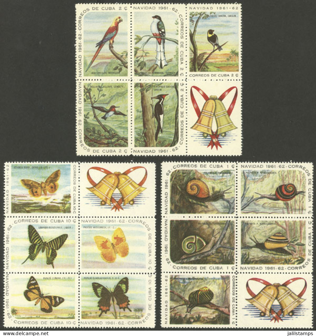 CUBA: Sc.686/700, 1961 Snails, Butterflies And Birds, Complete Set Of 15 Values In Blocks Of 5 With Cinderellas, VF Qual - Other & Unclassified