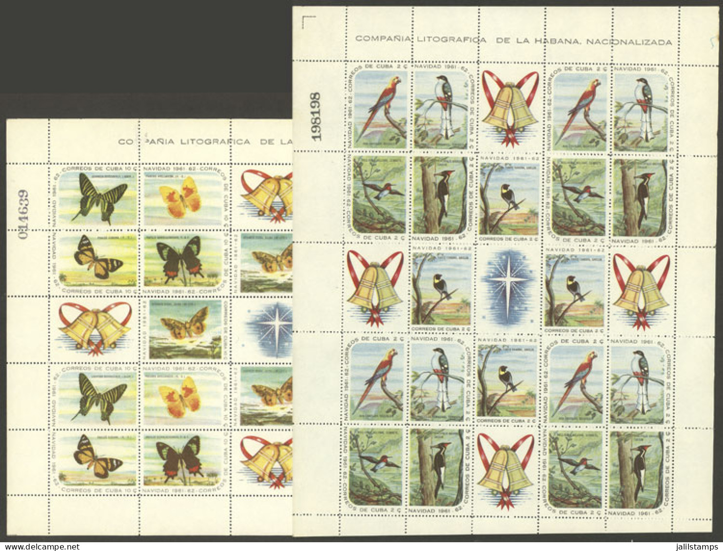 CUBA: Sc.691/700, 1961 Birds And Butterflies, Complete Sheets With Cinderellas Of The High Values Of The Set, A Few Perf - Sonstige & Ohne Zuordnung