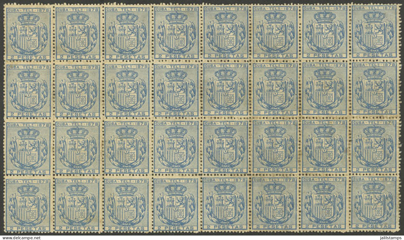 CUBA: Yvert 43, 1878 2P. Blue, MNH Block Of 32 Stamps (3 With Small Defects On Gum, The Rest Of Excellent Quality), Very - Sonstige & Ohne Zuordnung