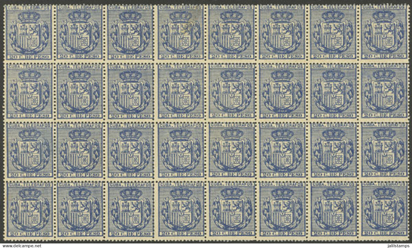 CUBA: Yvert 76, 1894 20c. Blue, MNH Block Of 32 Stamps (3 With Small Defects On Gum, The Rest Of Excellent Quality), Ver - Andere & Zonder Classificatie