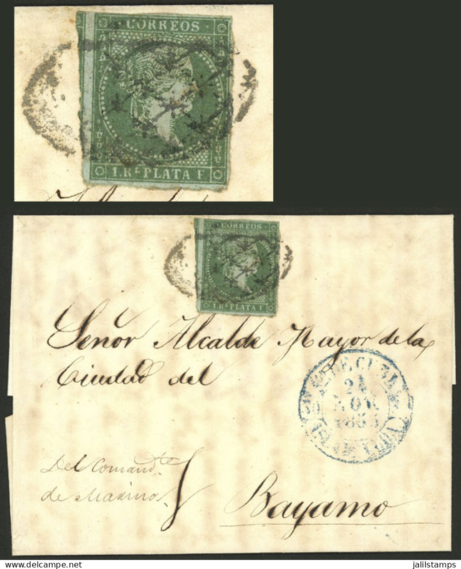 CUBA: 24/NO/1855 Santiago De Cuba - Bayamo, Folded Cover Franked With 1R. (Sc.2), Arrival Backstamp, Excellent Quality! - Sonstige & Ohne Zuordnung