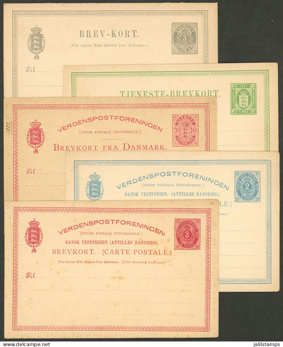 DENMARK: 5 Old Postal Stationeries (2 Of Danish Antilles), Unused, One Is Double (card With Attached Paid Reply), Fine T - Sonstige & Ohne Zuordnung