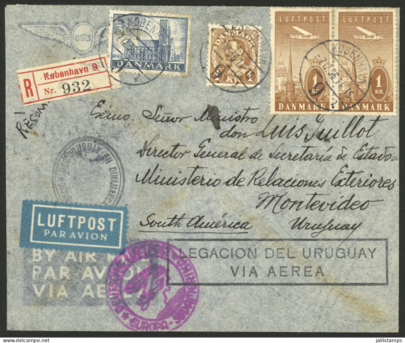 DENMARK: 7/DE/1936 Kobenhavn - Uruguay, Diplomatic Registered Airmail Cover Sent By Germany DLH Franked With 3.30Kr., On - Andere & Zonder Classificatie