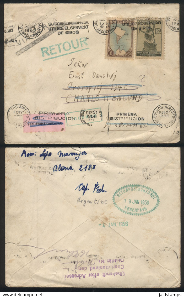 DENMARK: RETOUR LABELS AND MARKS: Cover Sent From Argentina To Charlottenlund On 23/DE/1955 And Returned To Sender With  - Otros & Sin Clasificación