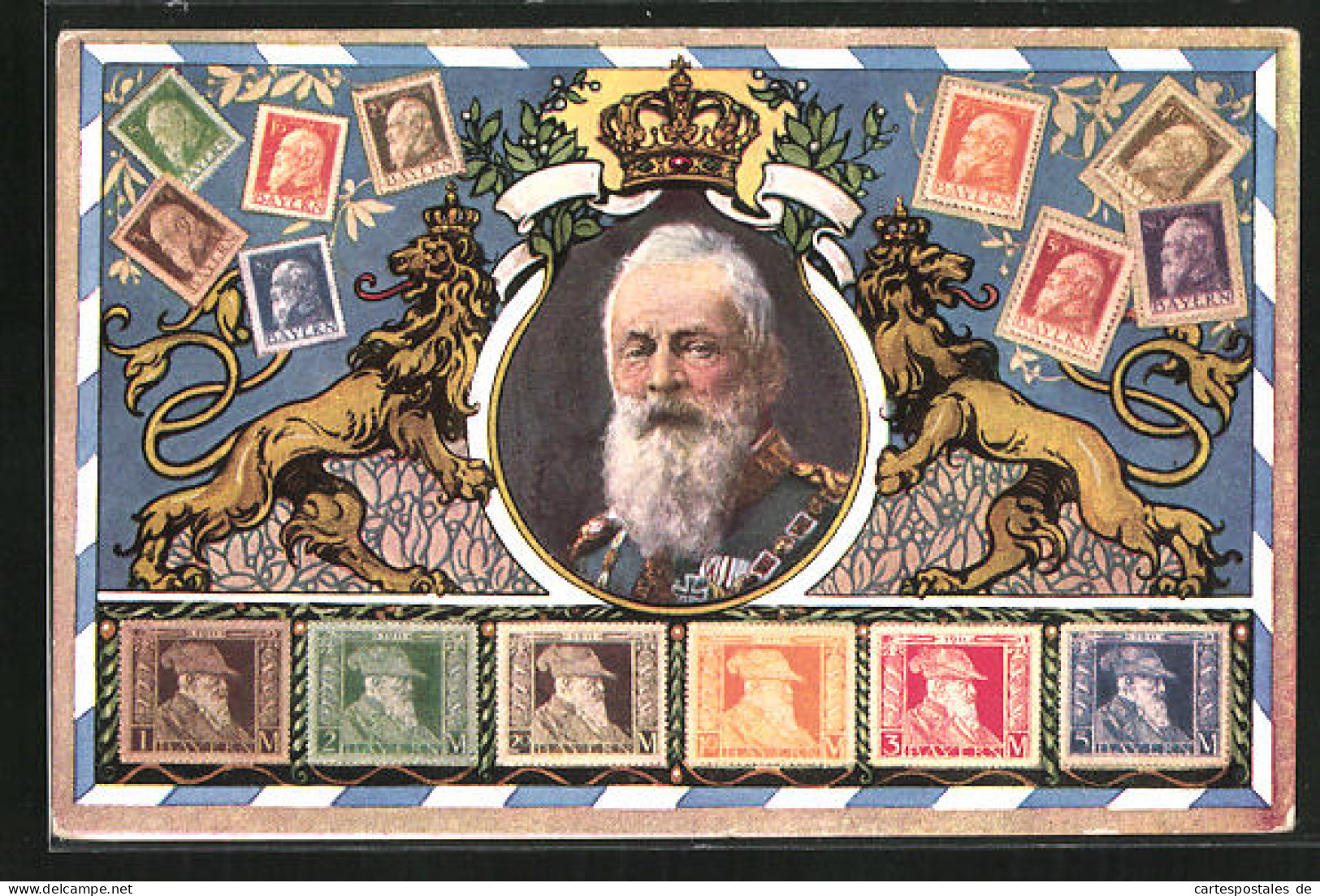 AK Verschiedene Briefmarken Und Portrait Mit Prinzregent Luitpold  - Königshäuser
