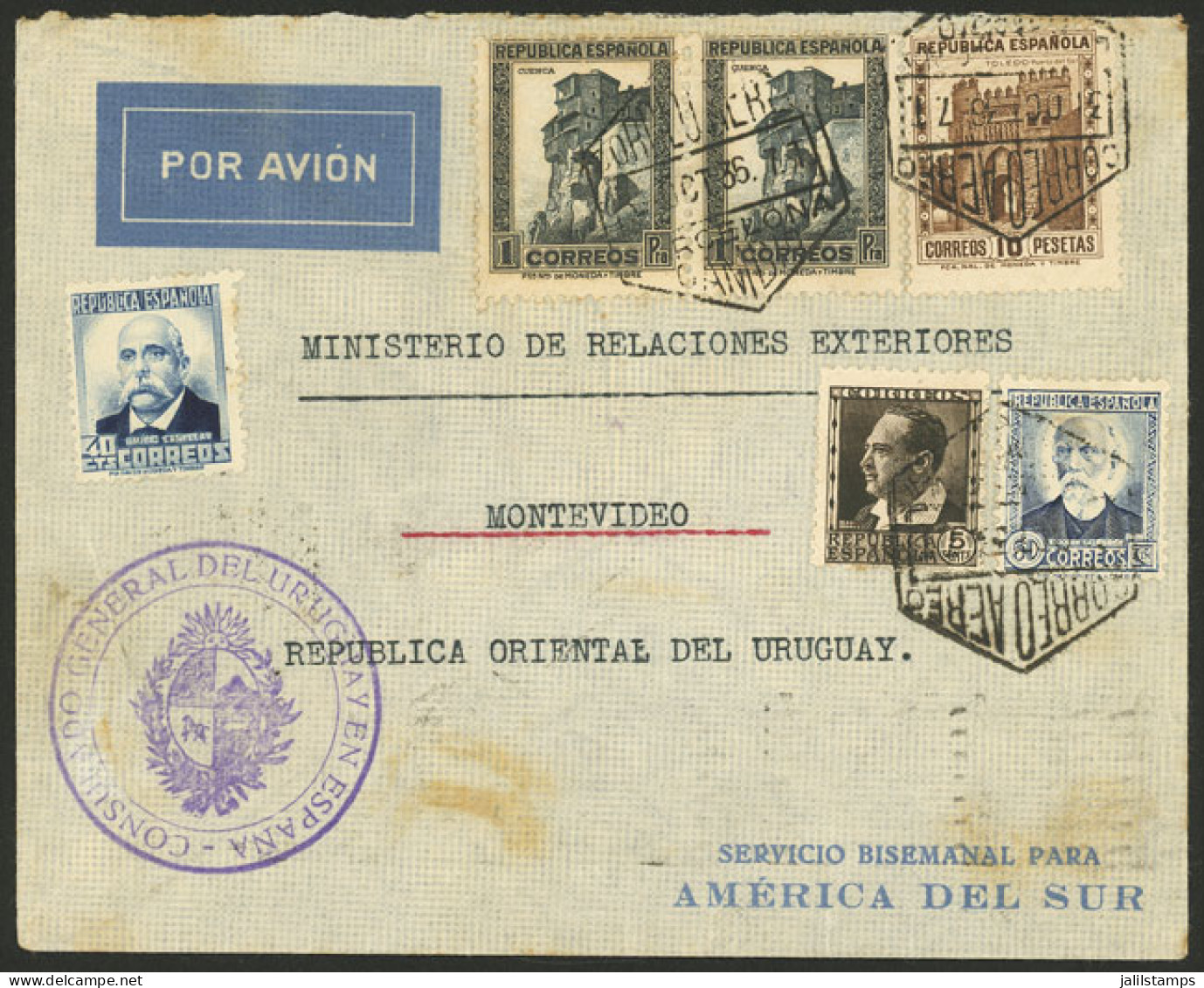 SPAIN: 31/OC/1936 Barcelona - Uruguay, Diplomatic Cover Sent By Airmail Franked With 12.95 Ptas., Arrival Backstamp, VF! - Autres & Non Classés