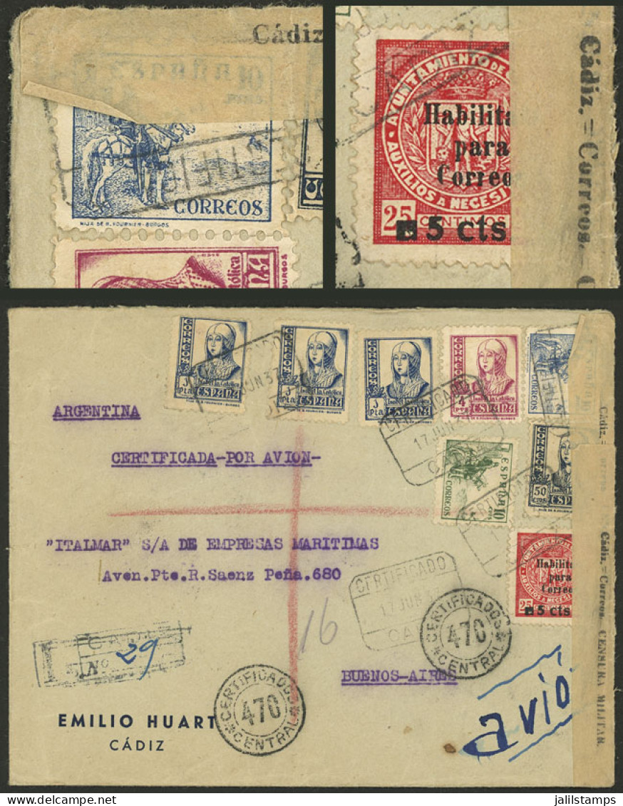 SPAIN: 17/JUN/1937 Cádiz - Argentina, Registered Airmail Cover, Attractive Postage Of 8 Stamps (6 Different), In Total 1 - Andere & Zonder Classificatie