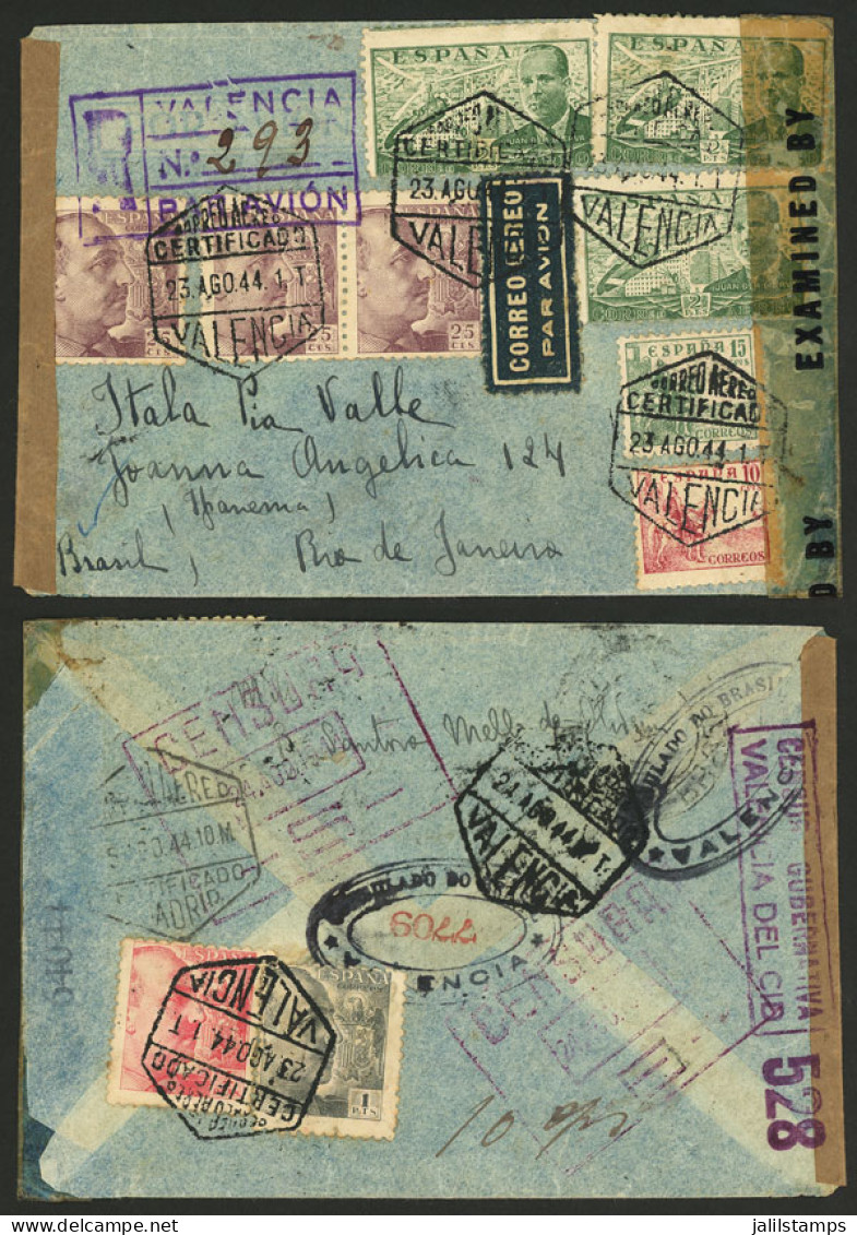 SPAIN: Registered Airmail Cover Sent From Valencia To Rio De Janeiro On 23/AU/1944, With DOUBLE CENSORSHIP And A Number  - Other & Unclassified