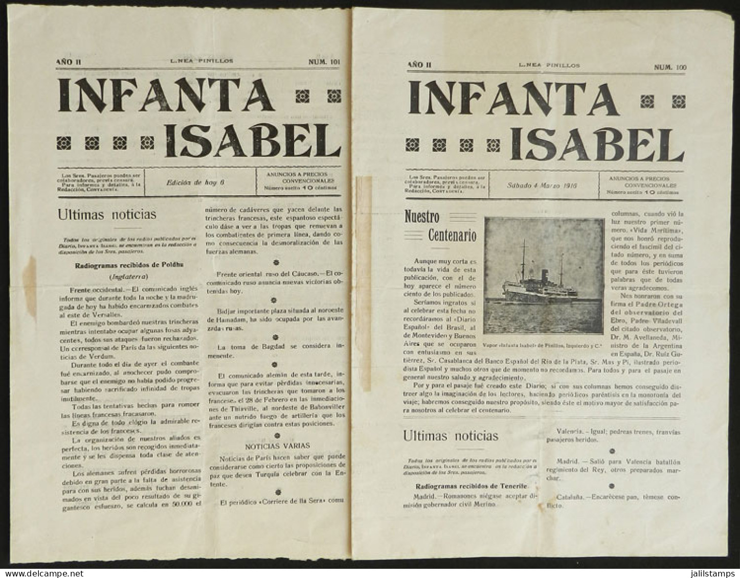 SPAIN: 2 Periodicals Of The Ship INFANTA ISABEL En Route To Europe (4 And 6 March 1916, Issue 100 And 101), The First On - Zonder Classificatie