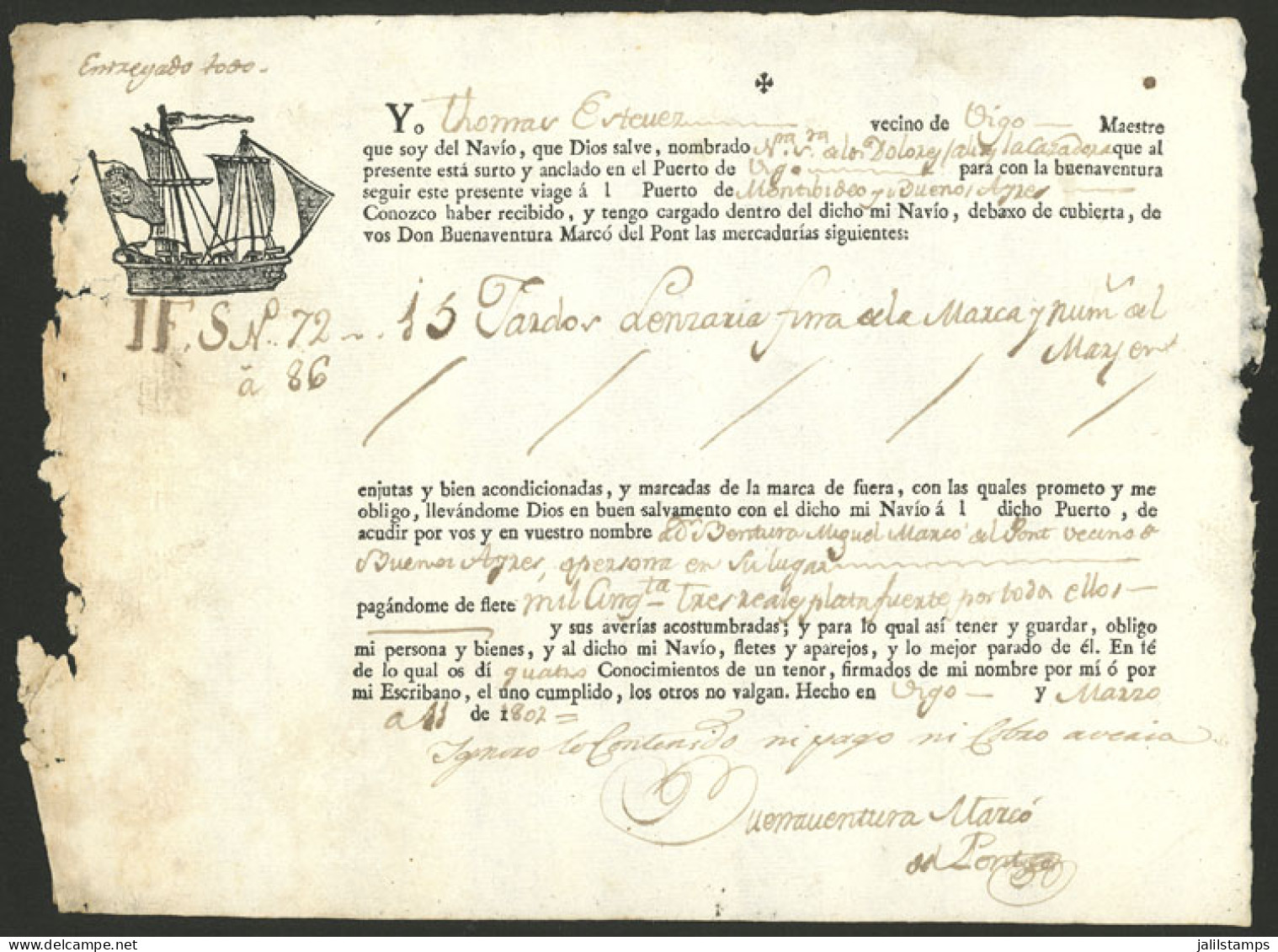SPAIN: Bill Of Lading Dated 11/MAR/1802 Of The Ship Nuestra Señora De Los Dolores (La Cazadora) Sailing From The Port Of - Ohne Zuordnung