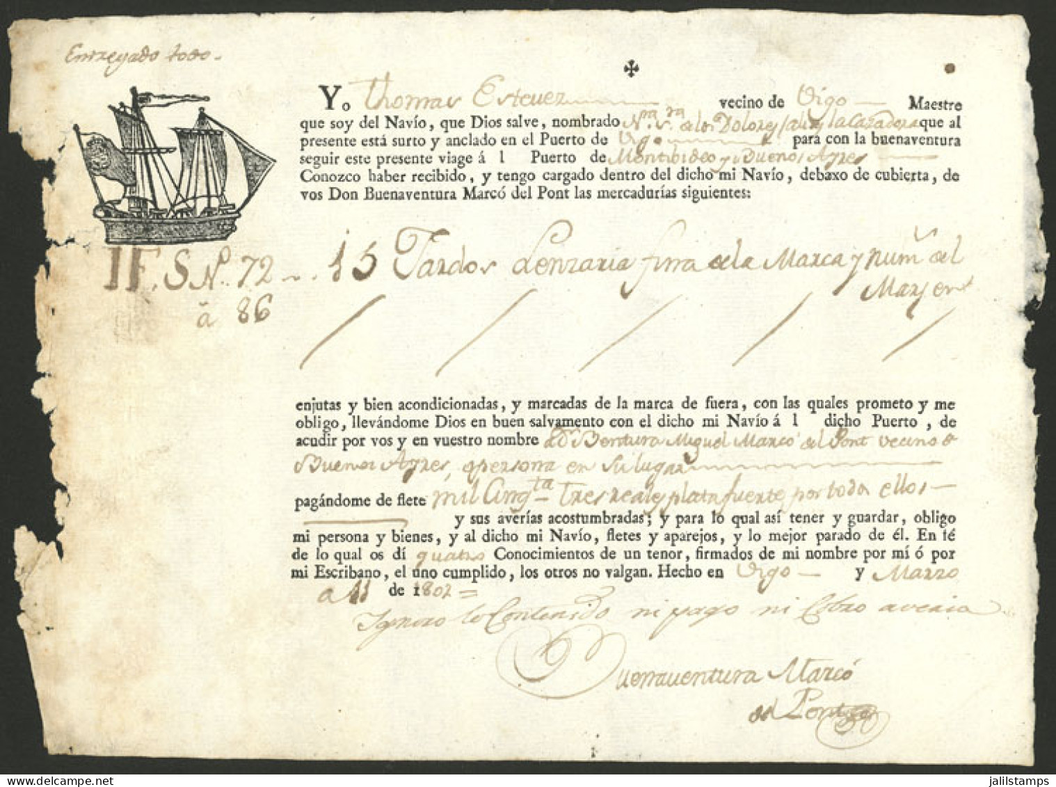 SPAIN: Bill Of Lading Dated 11/MAR/1802 Of The Ship Nuestra Señora De Los Dolores (La Cazadora) Sailing From The Port Of - Non Classés