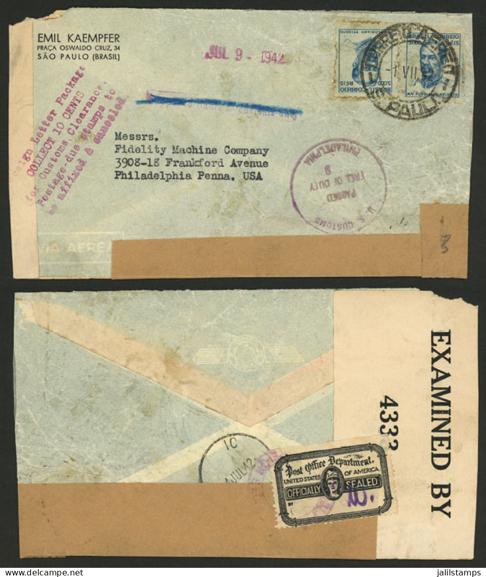 UNITED STATES: Cover Sent From Brazil To Philadelphia, With Arrival Mark Of 1/JUL/1942, With Censor Labels And Opened By - Marcofilia