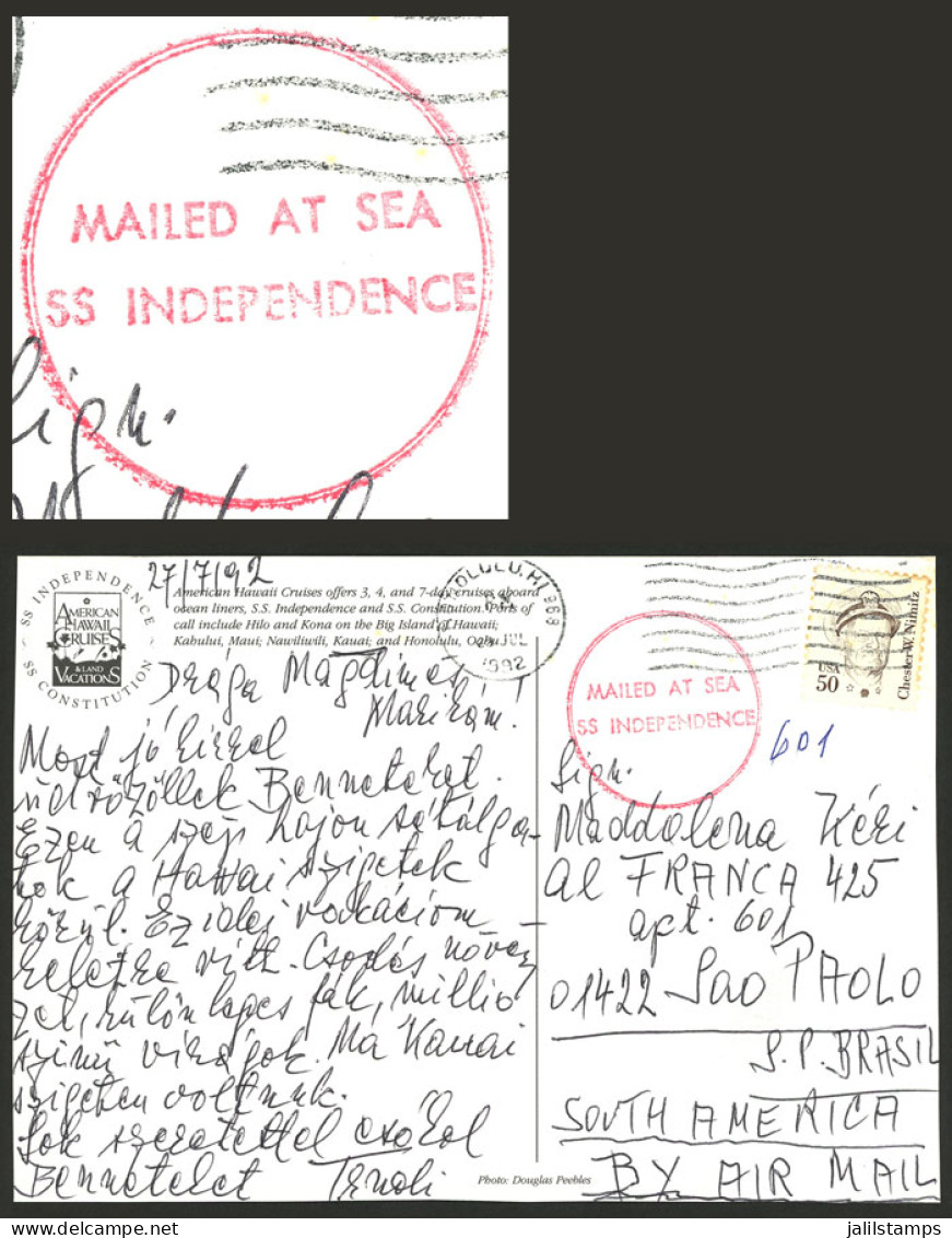 UNITED STATES: PC Sent To Brazil On 27/JUL/1992, With Red "MAILED AT SEA - SS INDEPENDENCE" Double Circle, VF Quality!" - Storia Postale