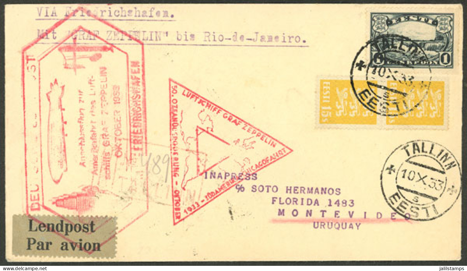 ESTONIA: 10/OC/1933 Tallinn - Uruguay, Airmail Cover Carried By Zeppelin, Special Handstamps, Transit Mark And Montevide - Estonia