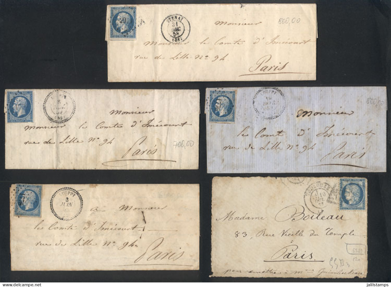 FRANCE: 4 Folded Covers Or Entire Letters Used In 1858/9 + 1 Front Of 1872, Interesting! - Andere & Zonder Classificatie