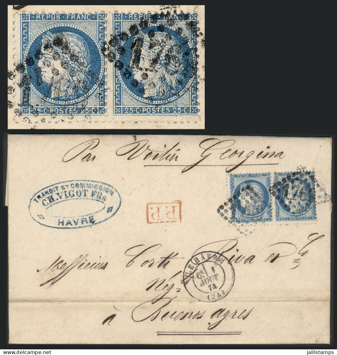 FRANCE: 1/AU/1874 LE HAVRE - Buenos Aires: Entire Letter Sent "par Voilier Georgina" Franked With 50c.: Pair Yvert 60A,  - Other & Unclassified