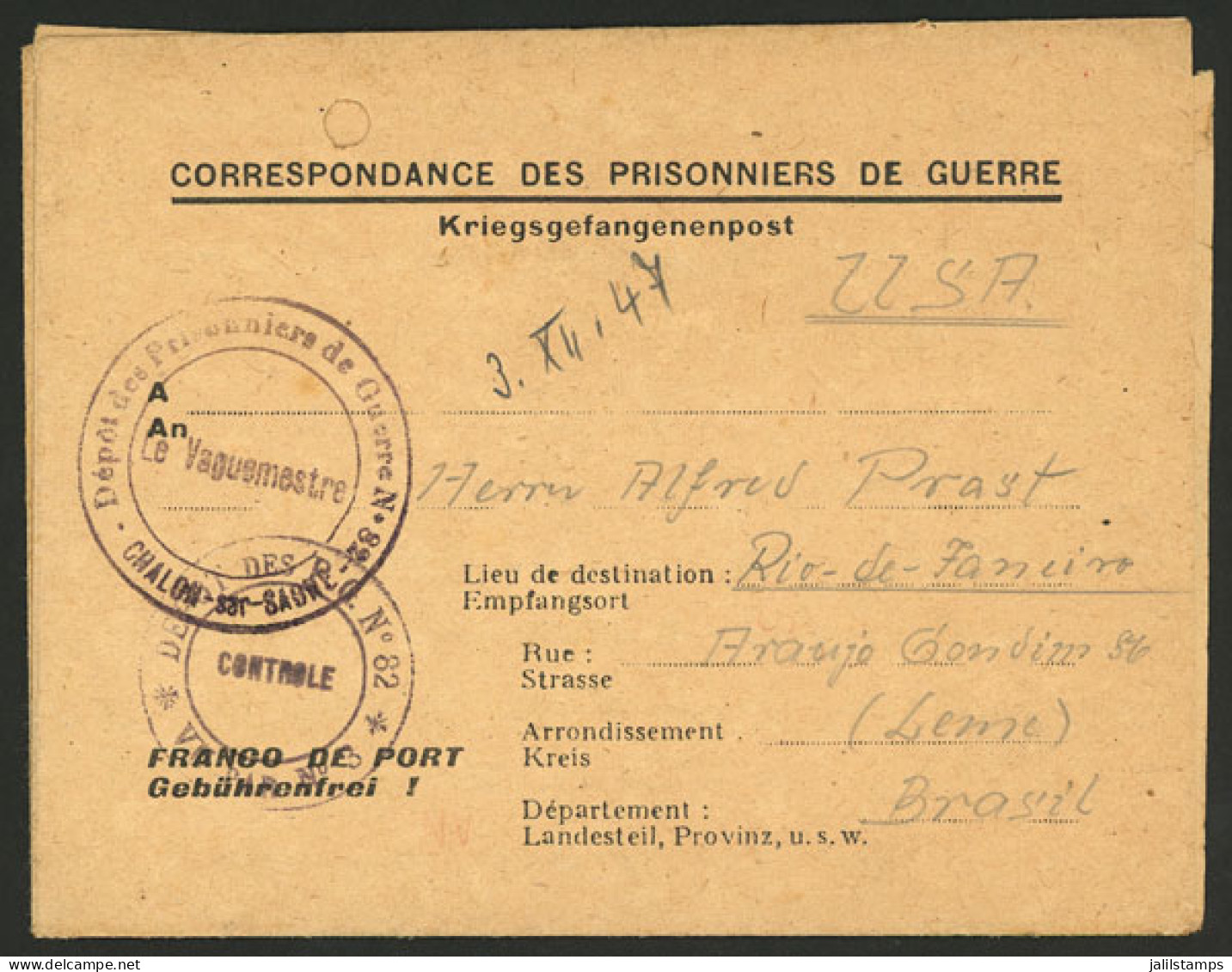FRANCE: 3/DE/1947 Chalon-sur-Saone - BRAZIL: Letter Of A German Prisoner Of War Sent To Brazil, With Arrival Backstamp O - Other & Unclassified