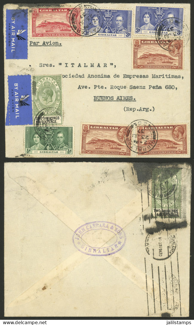 GIBRALTAR: 23/JUN/1927 Gibraltar - Argentina, Airmail Cover With Spectacular Postage On Front And Back, And Transit Mark - Gibilterra