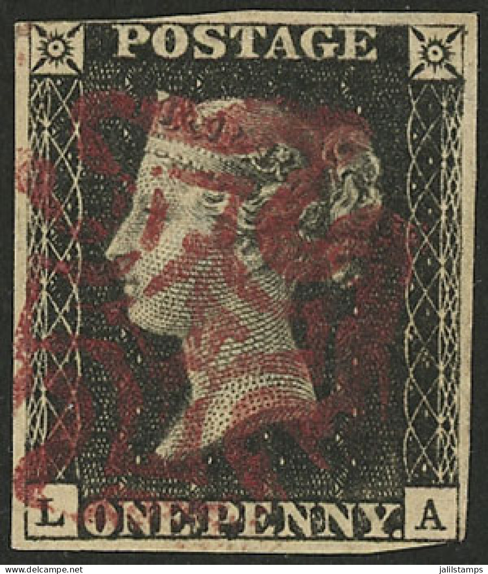GREAT BRITAIN: Sc.1, 1840 1p. Black, Nice Example Of 4 Almost Complete Margins And With Interesting Red Maltese Cross Ca - Sonstige & Ohne Zuordnung