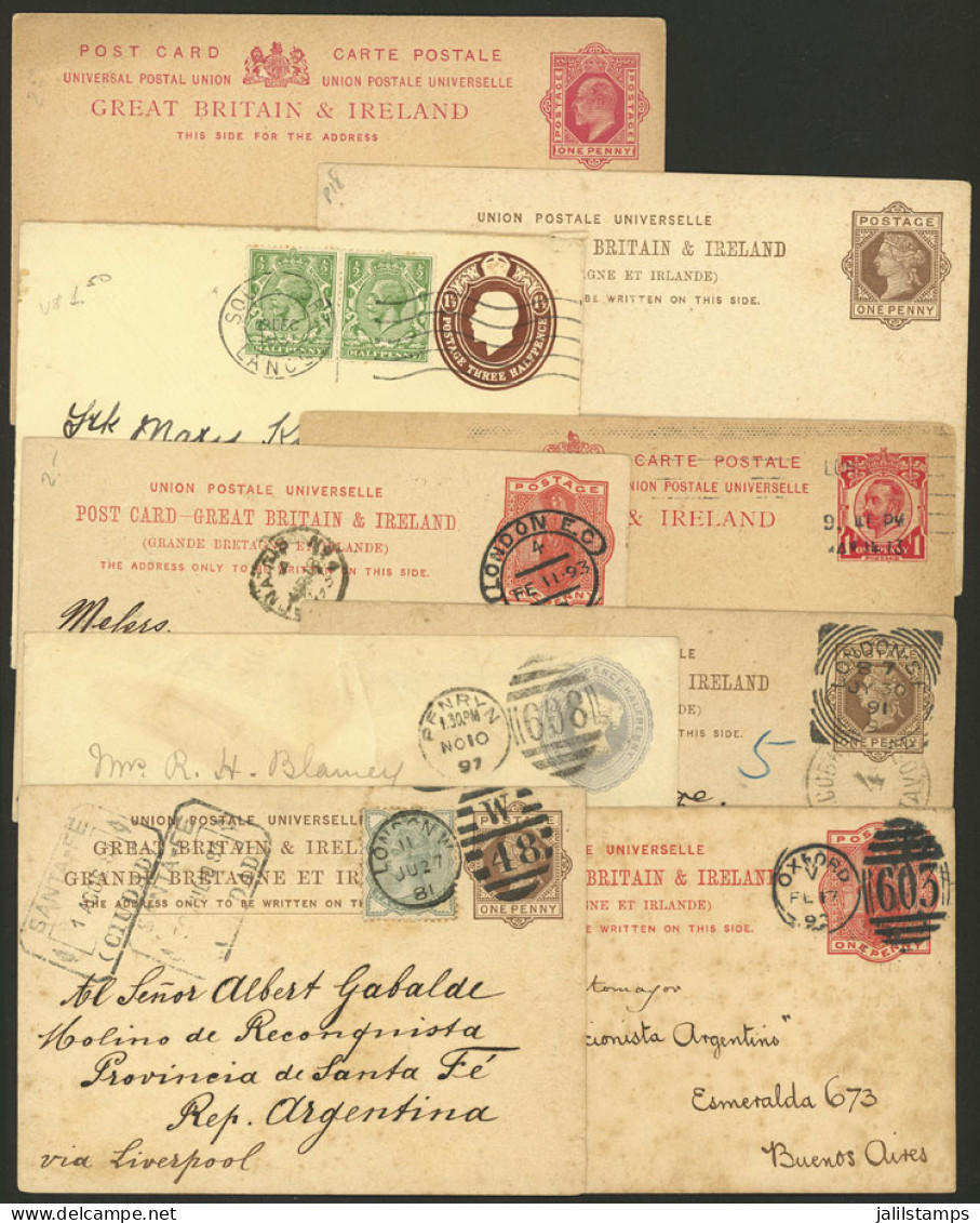 GREAT BRITAIN: 7 Postal Stationeries Sent To Argentina Between 1881 And 1931 With Interesting Postal Marks. Also 2 Cards - Altri & Non Classificati