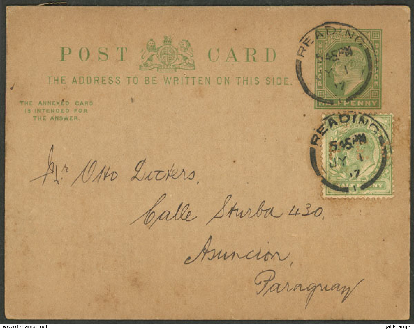 GREAT BRITAIN: UNUSUAL DESTINATION: ½p. Postal Card + Additional ½p. (with "P E C" Perfin), Sent From Reading To Asunció - Sonstige & Ohne Zuordnung