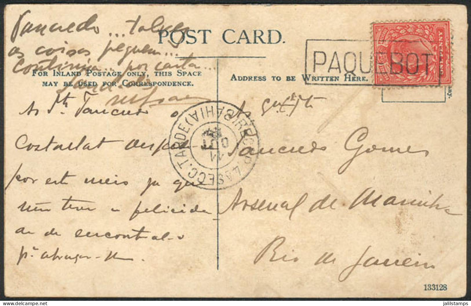 GREAT BRITAIN: Postcard With English Stamp Of 1p. And Rectangular PAQUEBOT Cancel, Sent To Rio De Janeiro, Datestamp Of  - Other & Unclassified