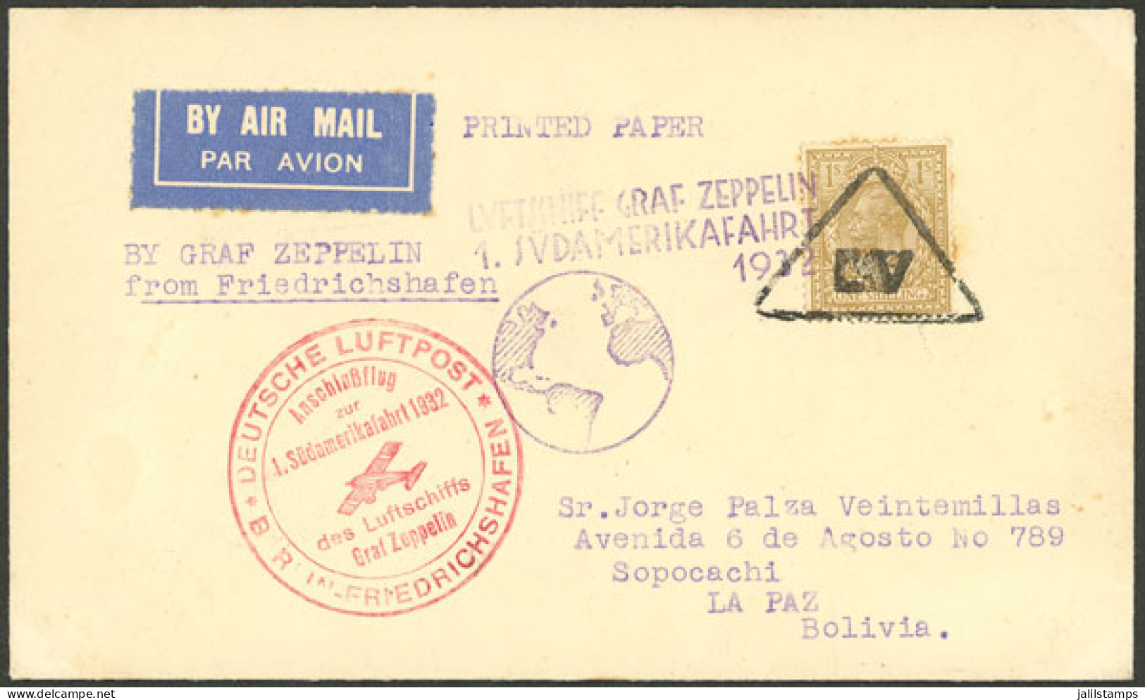 GREAT BRITAIN: Cover Sent To Bolivia With Rate For PRINTED MATTER, Flown On The 1st Zepellin Flight To South America Of  - Altri & Non Classificati