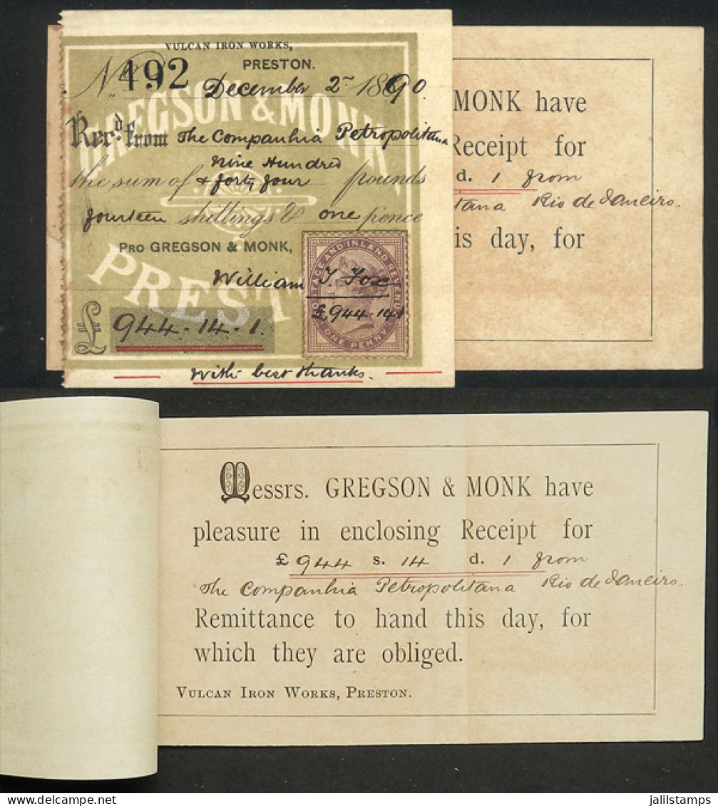GREAT BRITAIN: Receipt Of 2/DE/1890 Of Companhia Petropolitana Rio De Janeiro, For £944 14S. 1p., With An Affixed Revenu - Erinnophilie