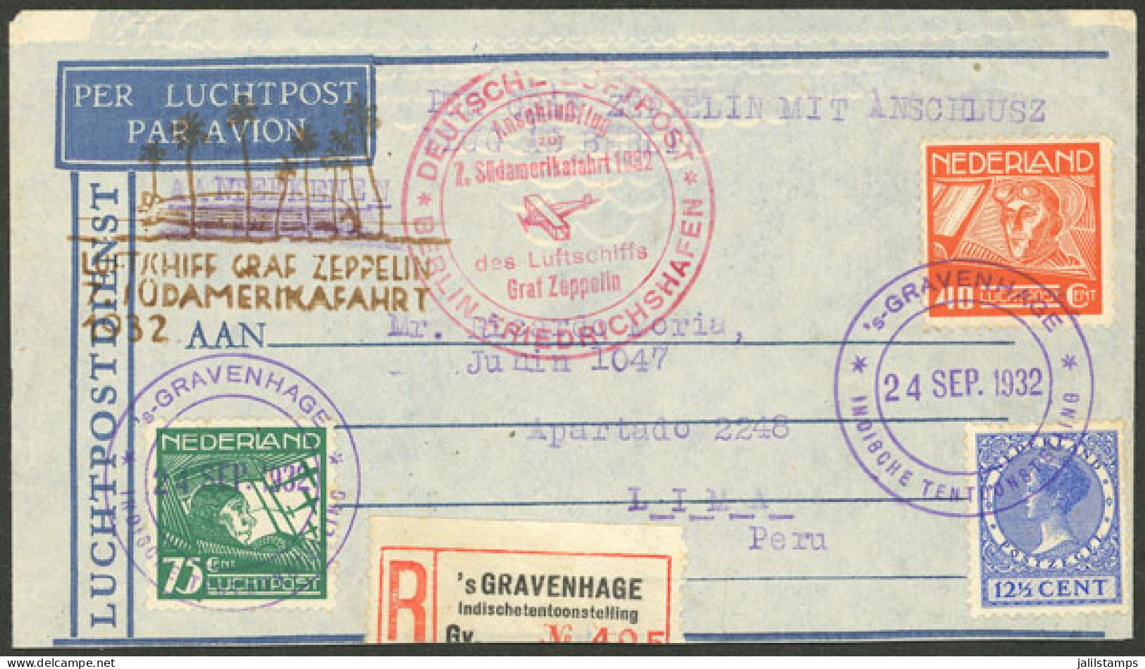 NETHERLANDS: 24/SE/1932 The Hague - Lima, Peru: Registered Airmail Cover Sent By Zeppelin On The 7th Flight To South Ame - Other & Unclassified