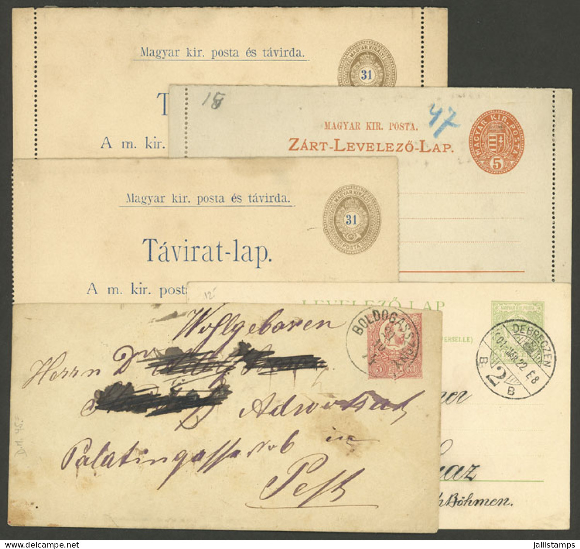 HUNGARY: 5 Varied Postal Stationeries, Including An Envelope Sent To Pest In 1874 With Cancel Of BOLDOGASSZONY And Trans - Other & Unclassified