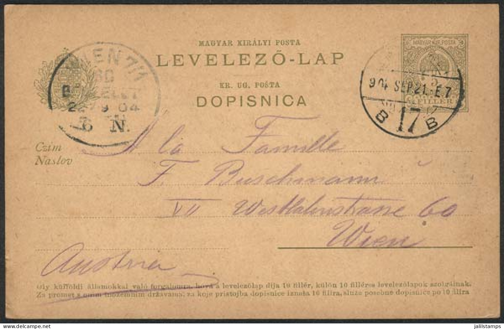 HUNGARY: 5f. Postal Card Sent To Wien On 21/SE/1904, VF Quality! - Other & Unclassified