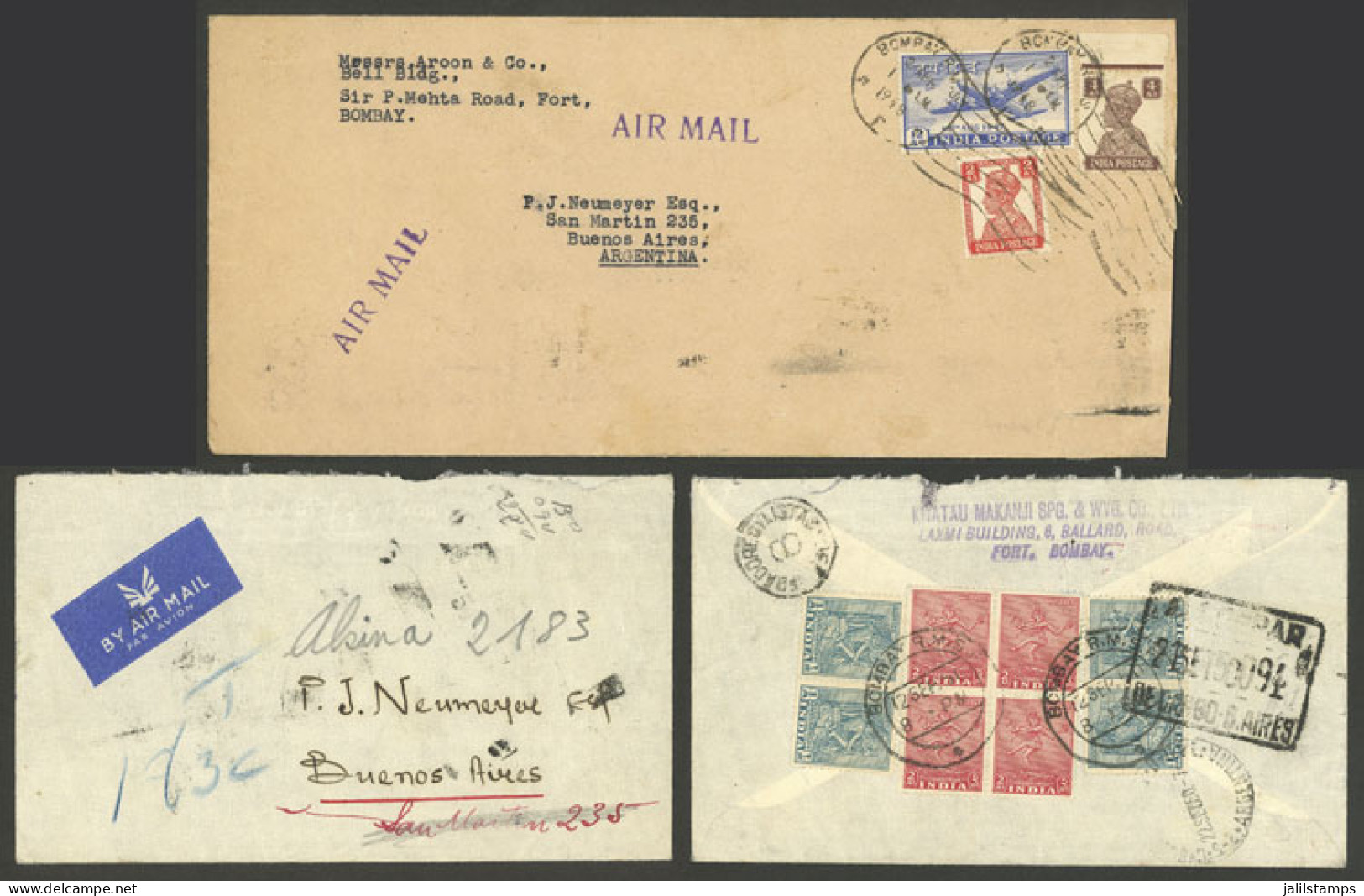 INDIA: 2 Airmail Covers Sent To Argentina In 1948 And 1950, The Latter With Due Marks, Very Nice! - Other & Unclassified