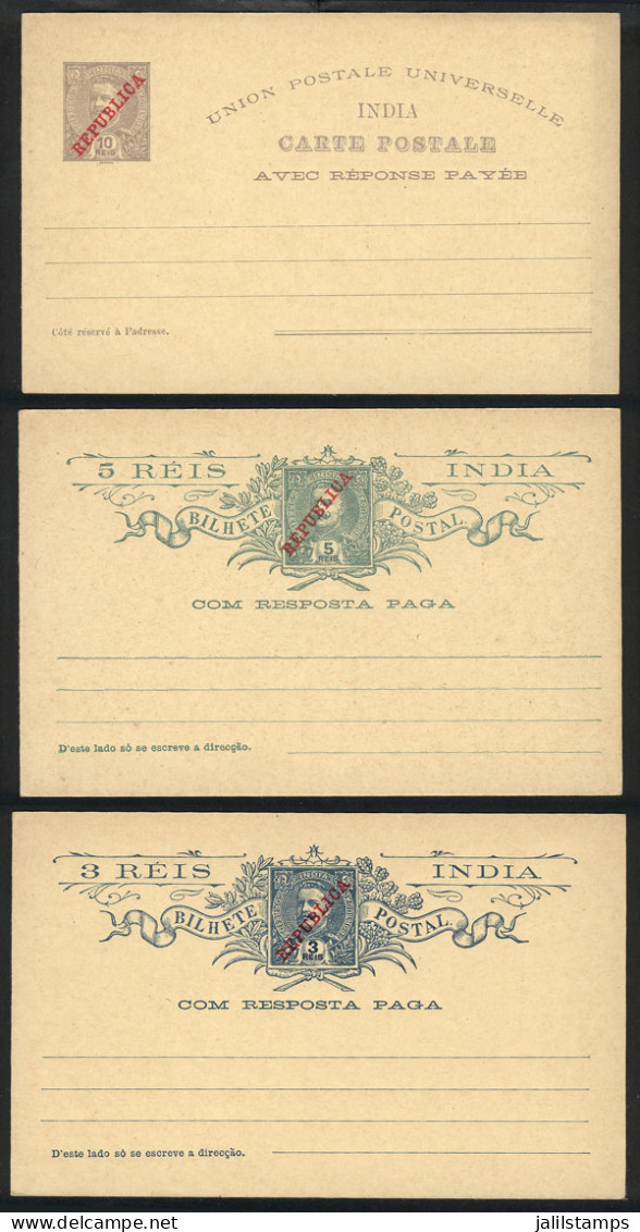 PORTUGUESE INDIA: Set Of 3 Postal Cards With Reply Paid Of 1911, Unused, Excellent Quality! - Portuguese India