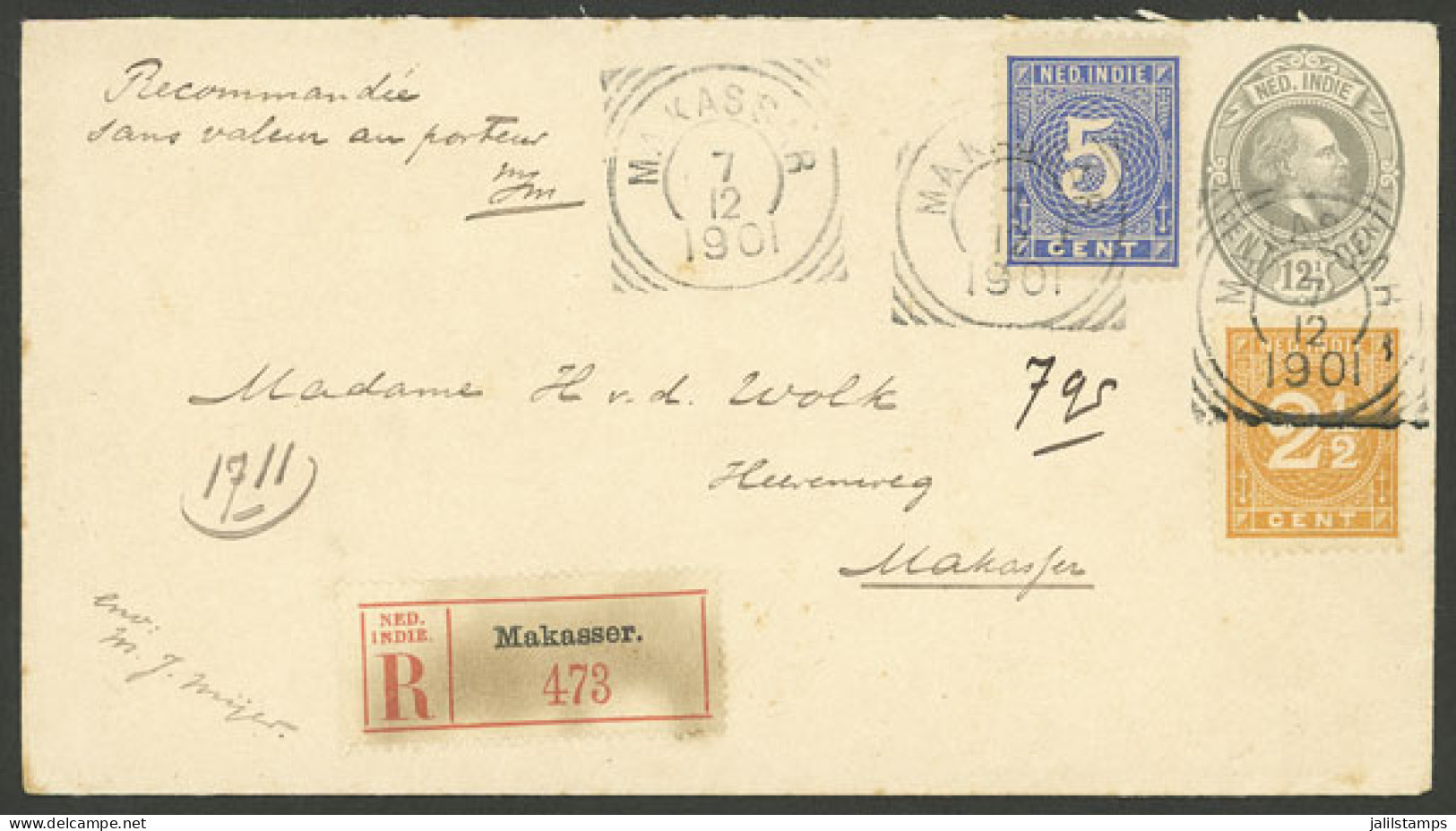 NETHERLANDS INDIES: Registered 12½c. Stationery Envelope + Additional Postage 2½ And 5c. (total 20c.), Used In Makassar  - Indes Néerlandaises
