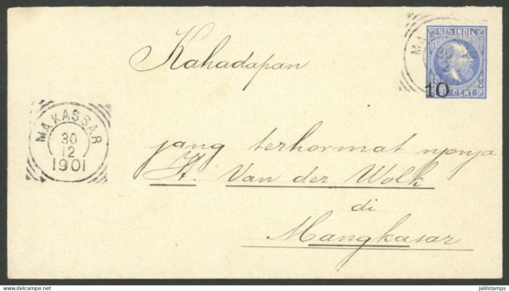 NETHERLANDS INDIES: Provisional 10c. Stationery Envelope Sent From Makassar To Mangkassar On 30/DE/1901, Very Fine Quali - Netherlands Indies