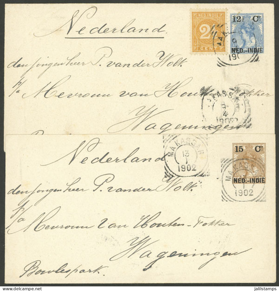 NETHERLANDS INDIES: Provisional Stationery Envelopes Of 15c. And 12½c. + 2½c. Additional Postage, Sent From MAKASSAR To  - Indes Néerlandaises