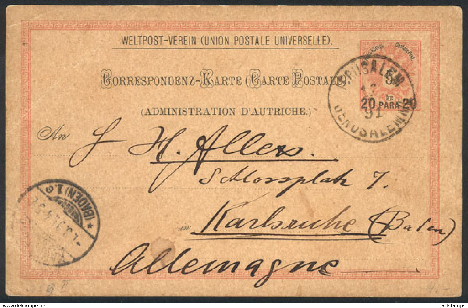 ISRAEL: 20pa. Postal Card Sent From The Austrian Postal Office In JERUSALEM To Germany On 12/FE/1891, VF Quality! - Autres & Non Classés