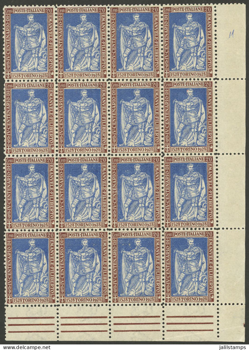 ITALY: Sc.201, 1928 20c. Emanuele Filiberto Perforation 11, Splendid Corner Block Of 16 Stamps, MNH Perfect And As Fresh - Non Classés