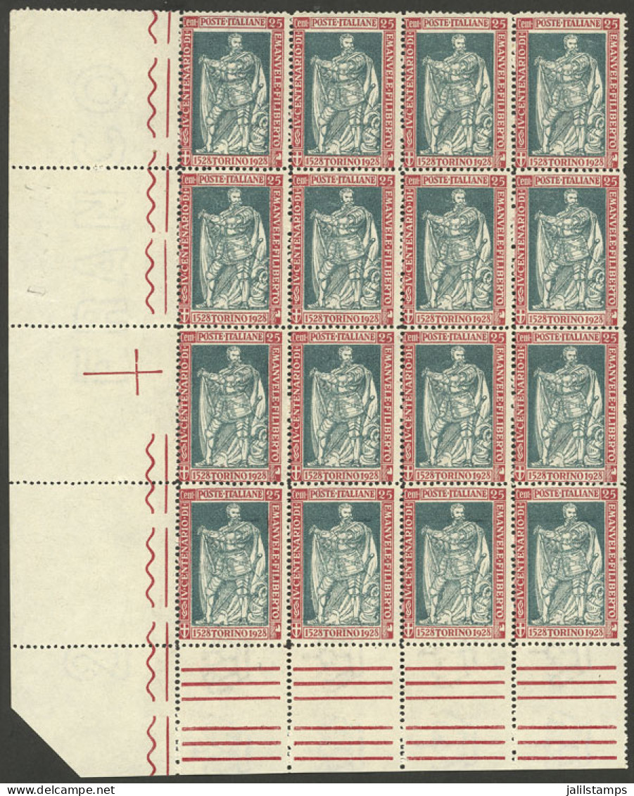 ITALY: Sc.202a, 1928 25c. Emanuele Filiberto Perforation 13½, Spectacular Corner Block Of 16 Stamps, MNH, Very Fine Qual - Non Classés