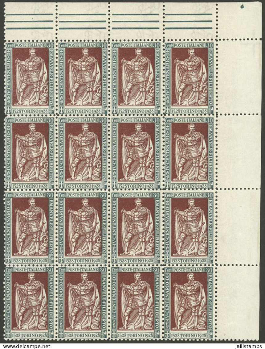 ITALY: Sc.203, 1928 30c. Emanuele Filiberto Perforation 11, Fantastic Corner Block Of 16 Stamps, MNH Perfect And As Fres - Ohne Zuordnung