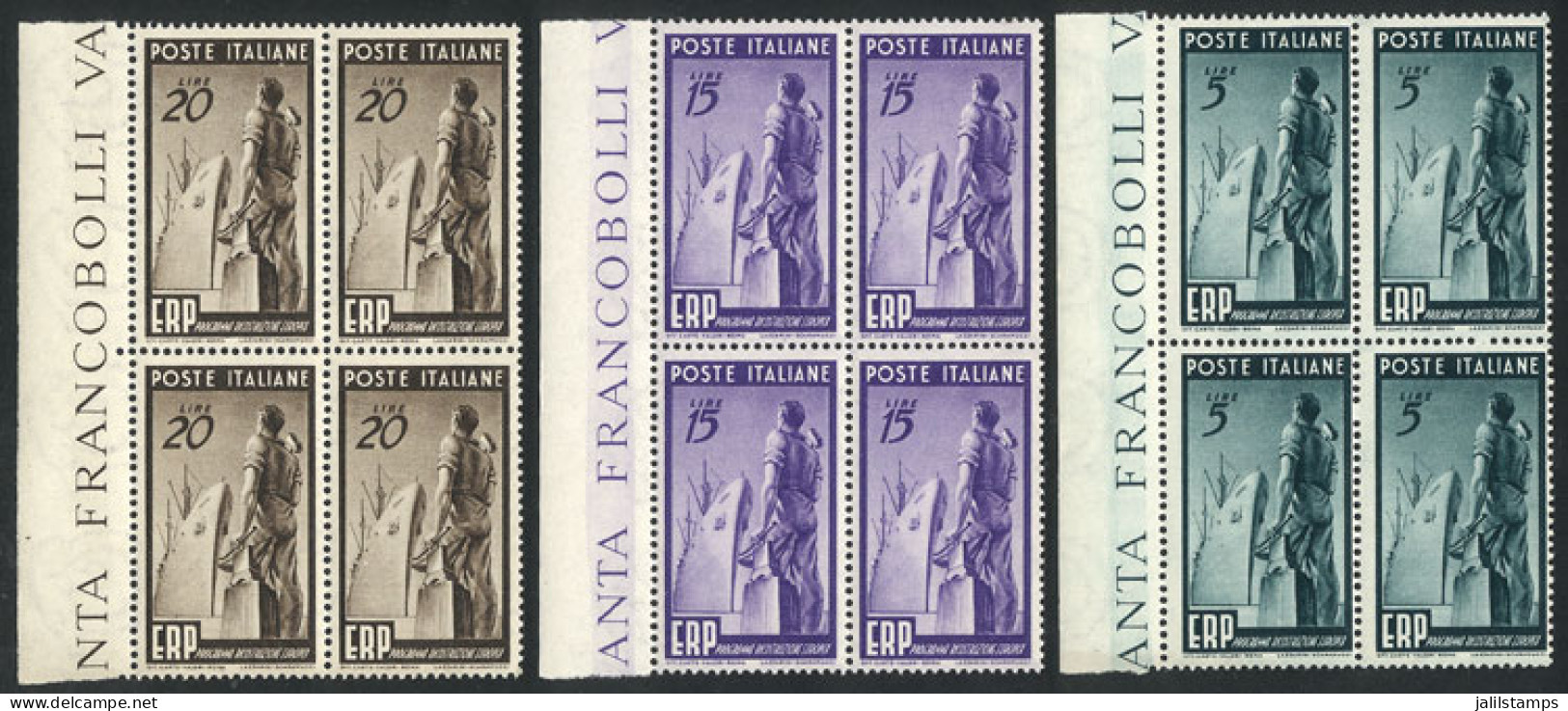ITALY: Yvert 539/541, 1949 Reconstruction Of Europe, Cmpl. Set Of 3 Values In MNH Blocks Of 4 With Sheet Margins, Impecc - Ohne Zuordnung