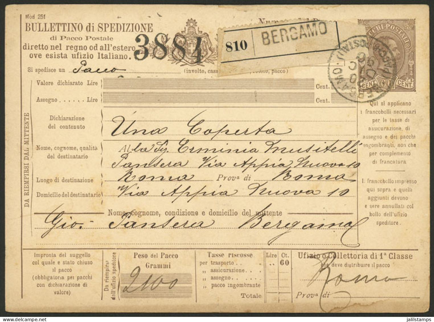 ITALY: Dispatch Note Of A Parcel Post (value 60c.) Sent From Bergamo To Roma On 20/DE/1890, Very Nice! - Non Classés