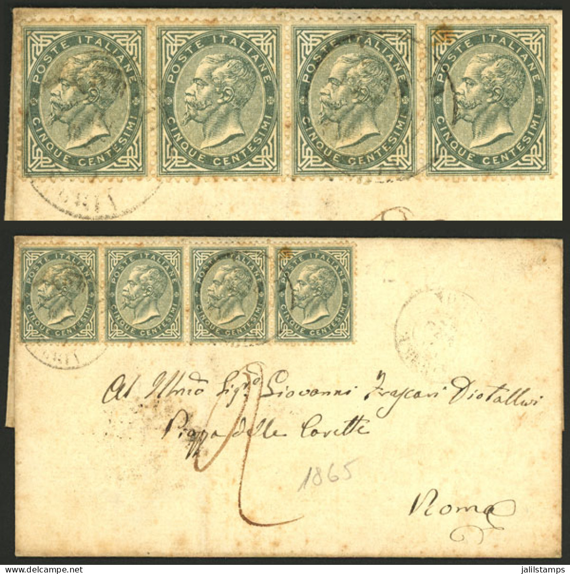 ITALY: Folded Cover Used In Roma In JA/1865, Franked With 20c. (Sc.26 Strip Of 4), Very Nice! - Unclassified