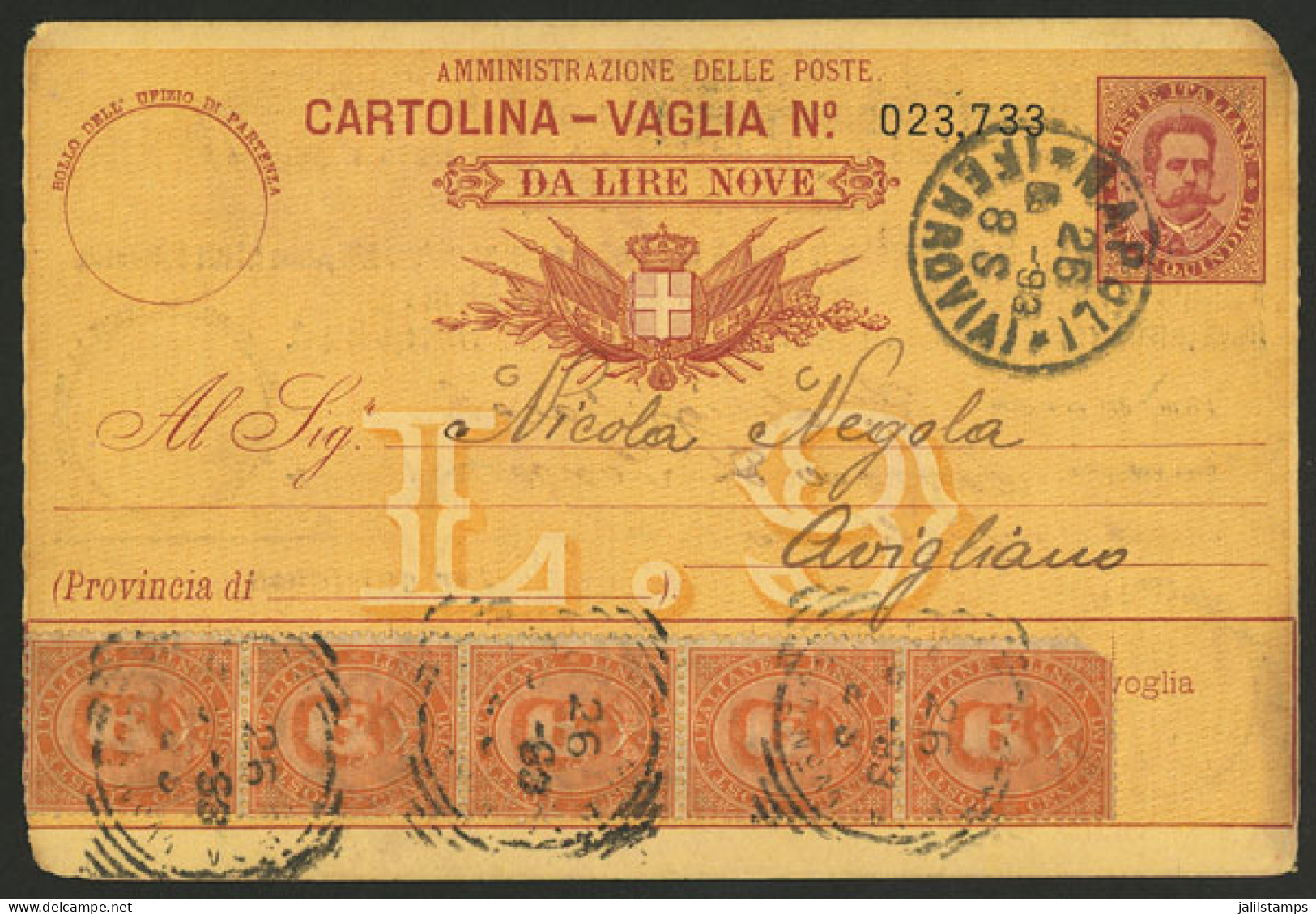 ITALY: Cartolina - Vaglia Da Lira Nove" Sent From Napoli To Avigliano On 26/MAR/1893, Uprated With 1L., Minor Defects, V - Ohne Zuordnung