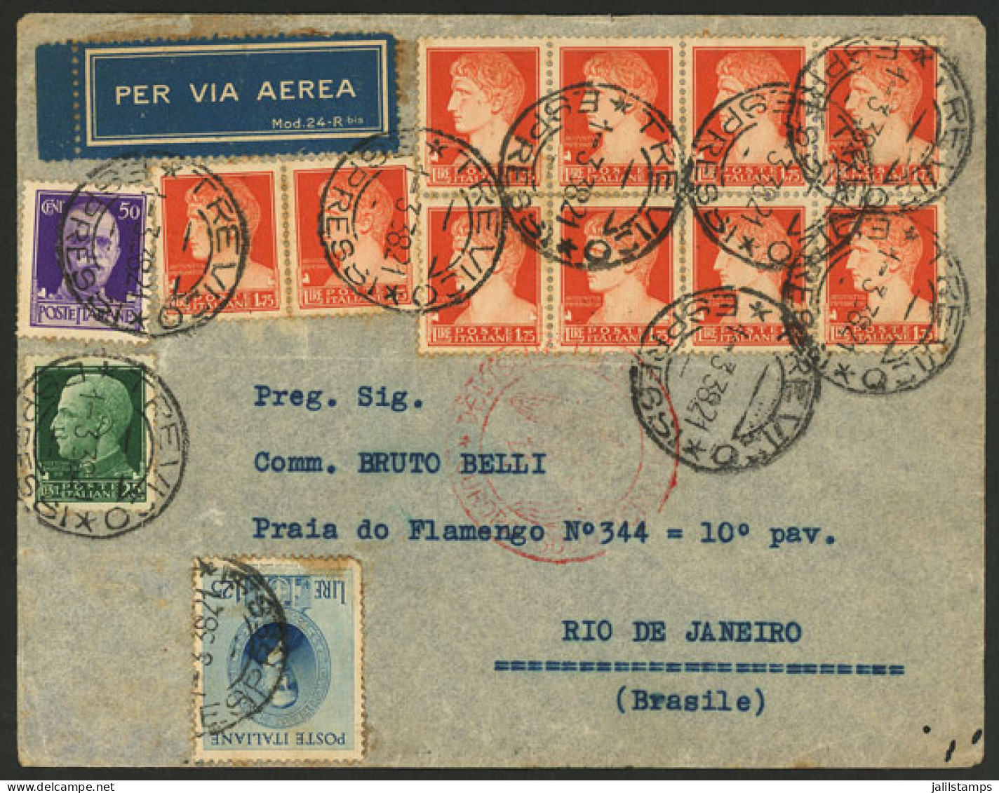 ITALY: 1/MAR/1938 Treviso - Rio De Janeiro: Airmail Cover Sent Via Germany (DLH) With Attractive Franking, Some Small De - Ohne Zuordnung