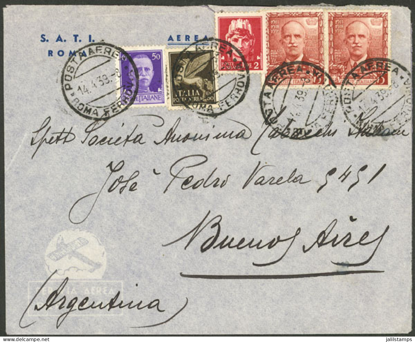 ITALY: 14/AP/1939 Roma - Argentina, Airmail Cover Franked With 13L. Including 2x 5L. "Proclamation" (Sc.409), Arrival Ba - Ohne Zuordnung